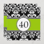 黒いダマスク織の第40誕生日の招待状の緑 招待状 (正面/裏面)