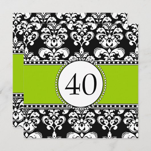 黒いダマスク織の第40誕生日の招待状の緑 招待状 (正面/裏面)