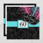 黒いダマスク織の誕生日の仮面舞踏会の招待状 招待状 (正面/裏面)