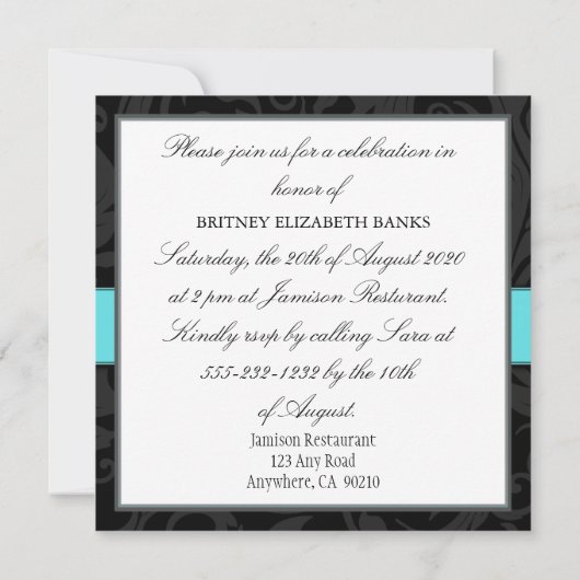 黒いダマスク織の誕生日の仮面舞踏会の招待状 招待状 (裏面)