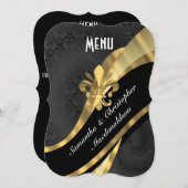 黒いダマスク織の金ゴールドのエレガントでフォーマルな結婚式メニュー メニュー (正面/裏面)