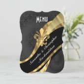 黒いダマスク織の金ゴールドのエレガントでフォーマルな結婚式メニュー メニュー (スタンド正面)