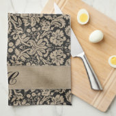 黒いダマスク織暗いパターンストリップ キッチンタオル (四つ折り)