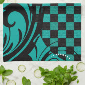 黒いチェック模様の渦巻形のなパターン|ティール(緑がかった色)の青 キッチンタオル (折り畳み)