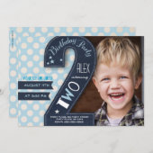 黒いチモダンャルクボードと青いドットの2番目の誕生日 招待状 (正面/裏面)
