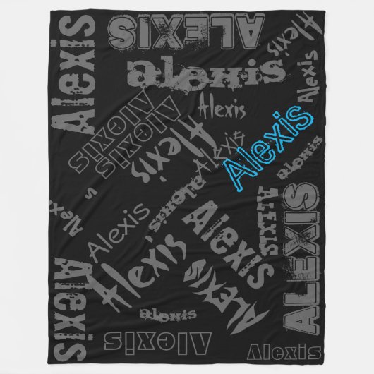 黒いチャコールグレー、淡青色毛布の名前のコラージュ フリースブランケット (正面)