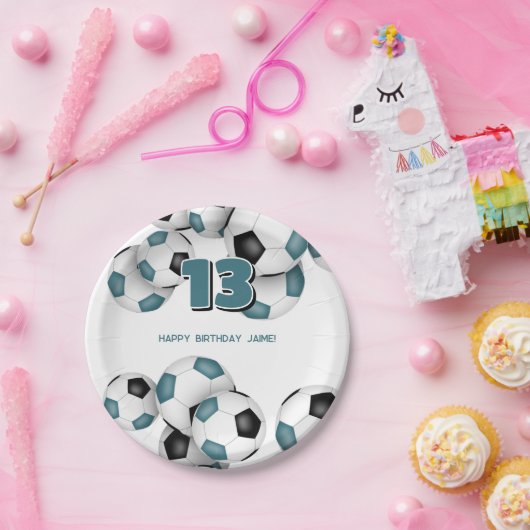 黒いティール(緑がかった色)サッカーボール子供スポーツ誕生日パーティー ペーパープレート (パーティー)