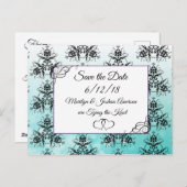 黒いティール（緑がかった色）ダマスク結婚式の日付はがきを保存 ポストカード (正面/裏面)