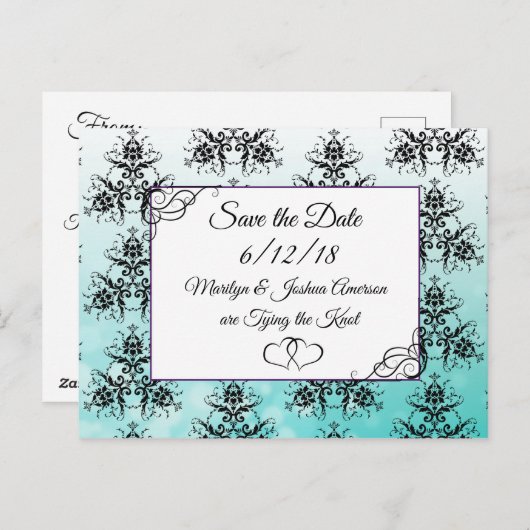 黒いティール（緑がかった色）ダマスク結婚式の日付はがきを保存 ポストカード (正面/裏面)