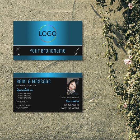 黒いティール（緑がかった色）モダングラデーション（ロゴと写真） 名刺