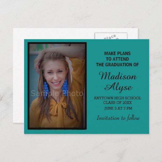 黒いティール(緑がかった色)写真の卒業式Save the Date Card 案内ポストカード (正面/裏面)