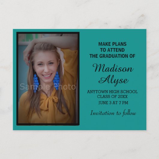 黒いティール(緑がかった色)写真の卒業式Save the Date Card 案内ポストカード (正面)