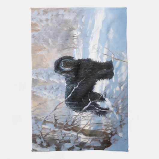 黒いテリアロシアのが雪のクリスマスを許した キッチンタオル (縦)