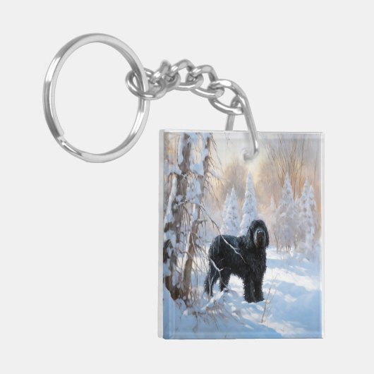 黒いテリアロシアのが雪のクリスマスを許した キーホルダー (正面左)