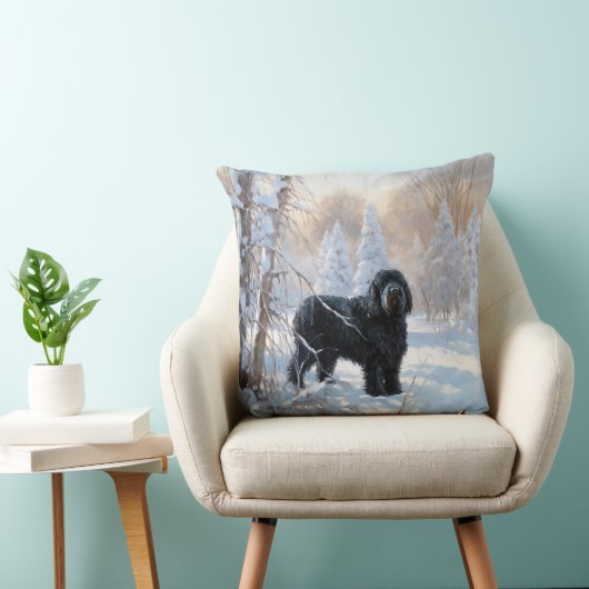黒いテリアロシアのが雪のクリスマスを許した クッション (椅子)