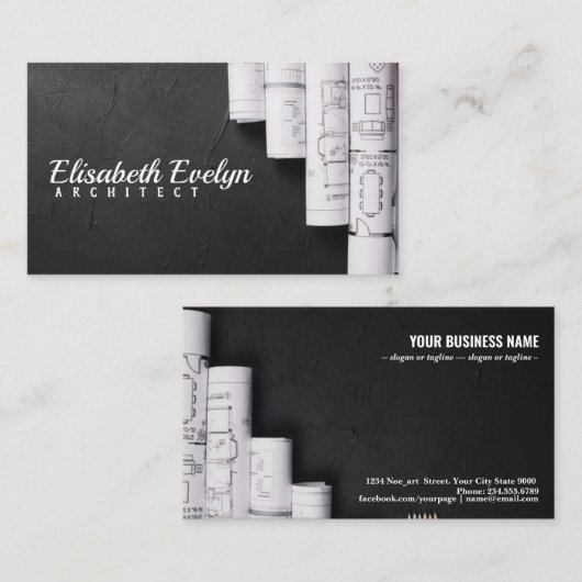 黒いテーブルの青写真 名刺 (正面/裏面)