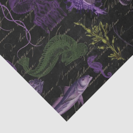 黒いデコパージュに紫と緑の海の生き物 薄葉紙 (詳細)