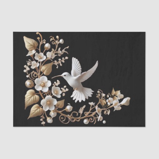 黒いデコページの白いハミングバード 薄葉紙 (正面)