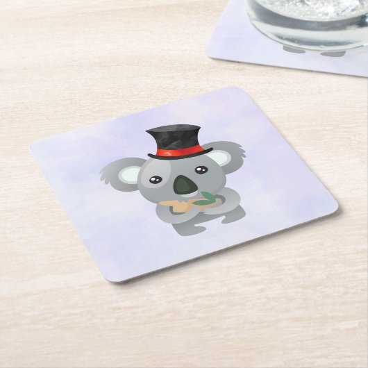 黒いトップハットに可愛いコアラ スクエアペーパーコースター (アングル)