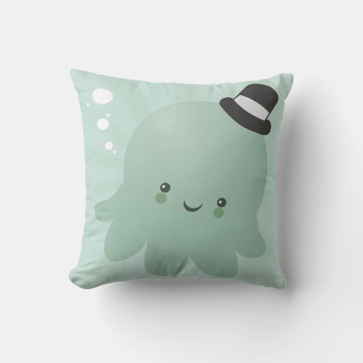 黒いトップハットを着たかわいい小さなタコ クッション (正面)