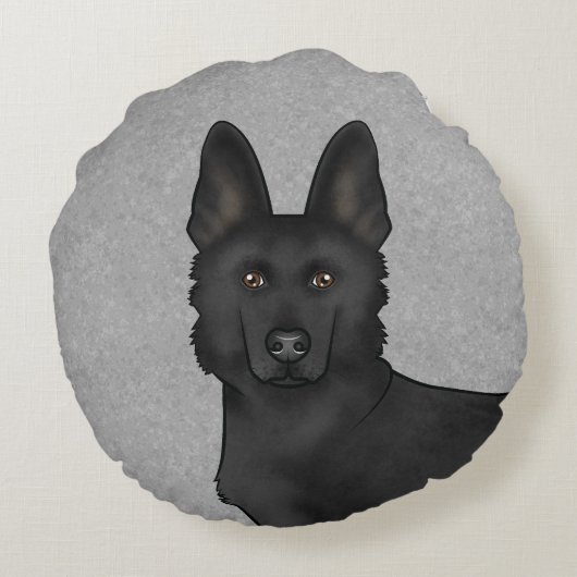 黒いドイツの羊飼いかわいい漫画の犬の頭グレー ラウンドクッション (裏面)