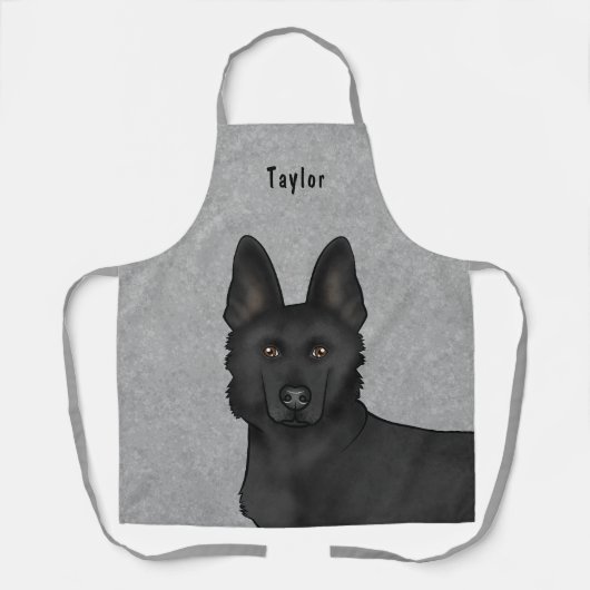 黒いドイツの羊飼いがかわいい犬の頭と名前グレー エプロン (正面)