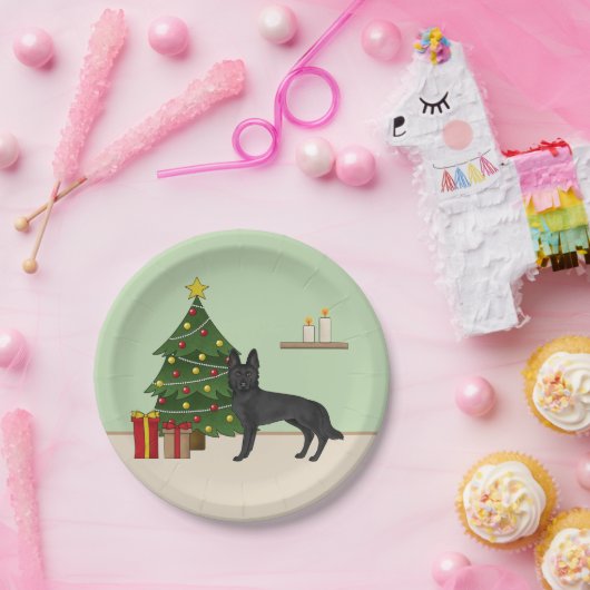 黒いドイツの羊飼いとフェスティバルクリスマスツリー ペーパープレート (パーティー)