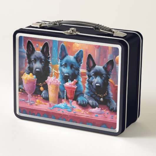 黒いドイツの羊飼いの子犬、アイスクリーム メタルランチボックス (正面)