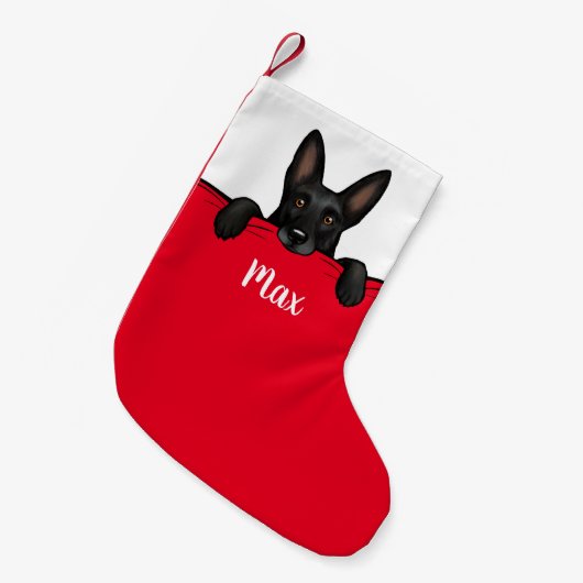 黒いドイツの羊飼い犬かわいいパーソナライズされた スモールクリスマスストッキング (正面 (吊り時))