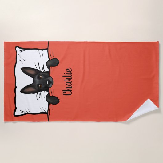 黒いドイツの羊飼い犬かわいいパーソナライズされた ビーチタオル (正面)