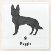 黒いドイツの羊飼い犬と名前をカスタムする付き前足 ガラスコースター (正面)