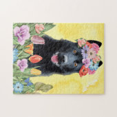 黒いドイツの羊飼い犬と花春 ジグソーパズル (横)