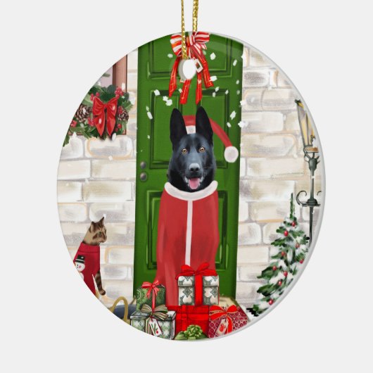 黒いドイツの羊飼い犬のクリスマス セラミックオーナメント (左)
