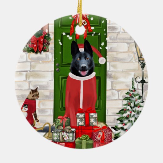 黒いドイツの羊飼い犬のクリスマス セラミックオーナメント (裏面)