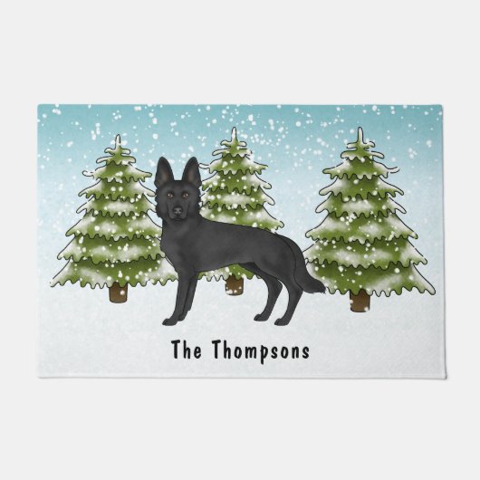 黒いドイツの羊飼い犬の冬の森の名前 ドアマット (正面)