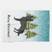 黒いドイツの羊飼い犬の冬の森文字 キッチンタオル (横)