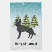 黒いドイツの羊飼い犬の冬の森文字 キッチンタオル (縦)