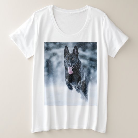 黒いドイツの羊飼い雪ダベットカバー プラスサイズTシャツ (デザイン正面)