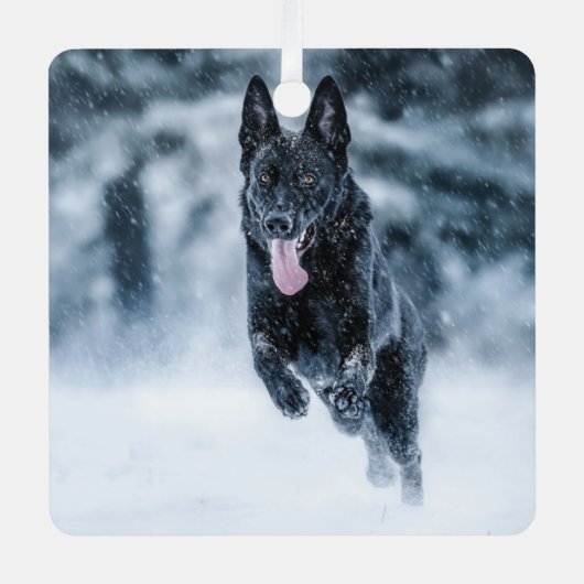 黒いドイツの羊飼い雪ダベットカバー メタルオーナメント (正面)
