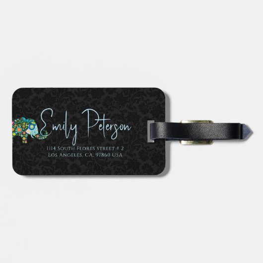 黒いドラマの背景かわいいフローラ象 ラゲッジタグ (裏面横)