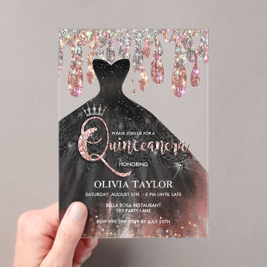 黒いドレエレガントスの結晶が乾くキンセアニェラ アクリル招待状 (インサイチュ (ポータブル))