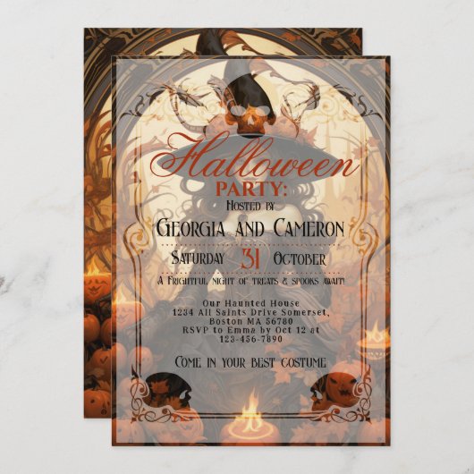 黒いドレスを着た美しい魔女の女の子 招待状 (正面/裏面)