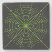 黒いネオングリーンスパイダーウェブハロウィンパターン ストーンコースター (正面)