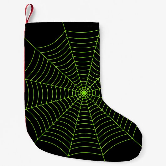 黒いネオングリーンスパイダーウェブハロウィンパターン スモールクリスマスストッキング (正面)