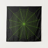 黒いネオングリーンスパイダーウェブハロウィンパターン タペストリー (正面)
