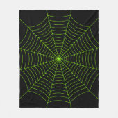 黒いネオングリーンスパイダーウェブハロウィンパターン フリースブランケット (正面)