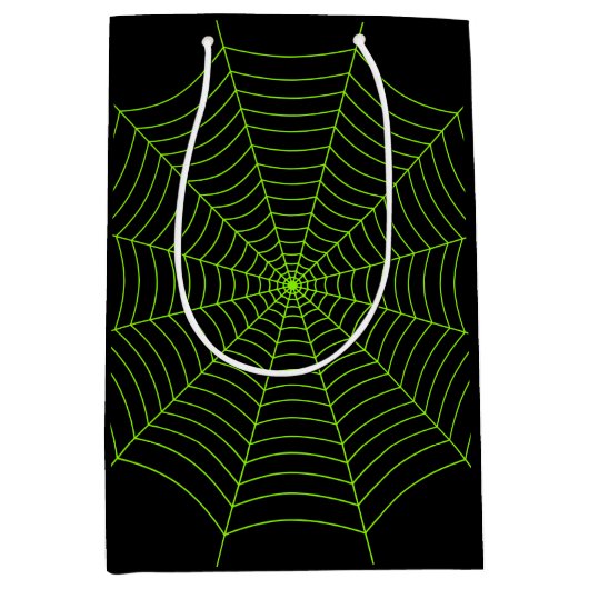 黒いネオングリーンスパイダーウェブハロウィンパターン ミディアムペーパーバッグ (正面)