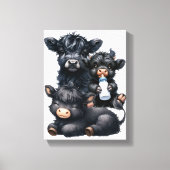 黒いハイランド・カウが本を読んでいる キャンバスプリント (正面)