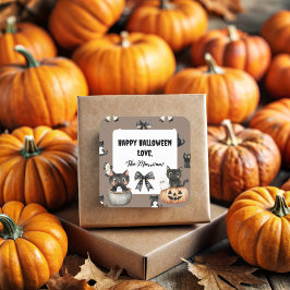 黒いハロウィンのギフトバッグに幽霊を抱えた猫 スクエアシール