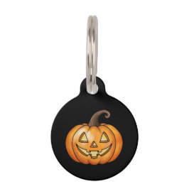 黒いハロウィンの背景にいる幸せでかわいいキャラクターのカボチャ ペット　ネームタグ